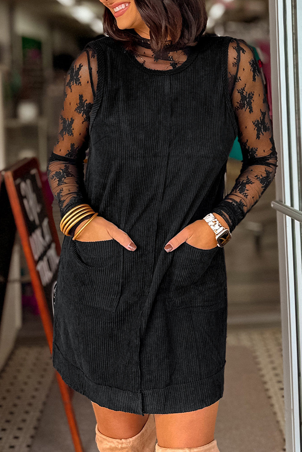 PRE-ORDER Black Corduroy Sleeveless Mini Dress with Pockets