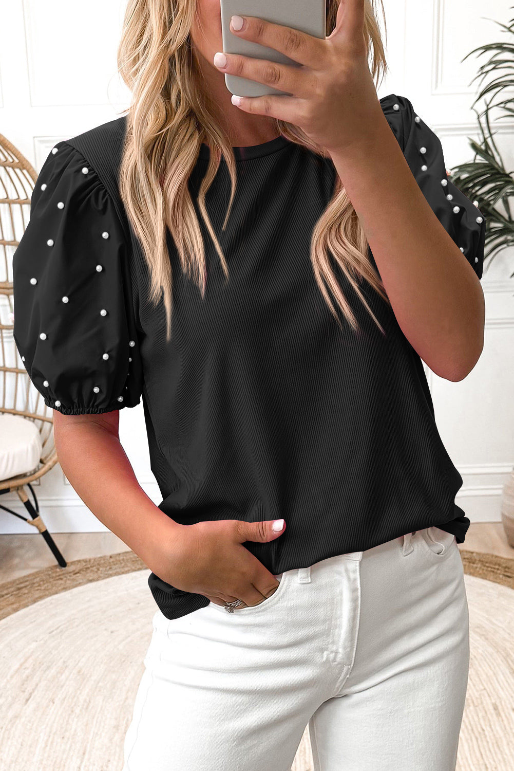 PRE-ORDER Black Ribbed Pearl Puff Sleeve Top