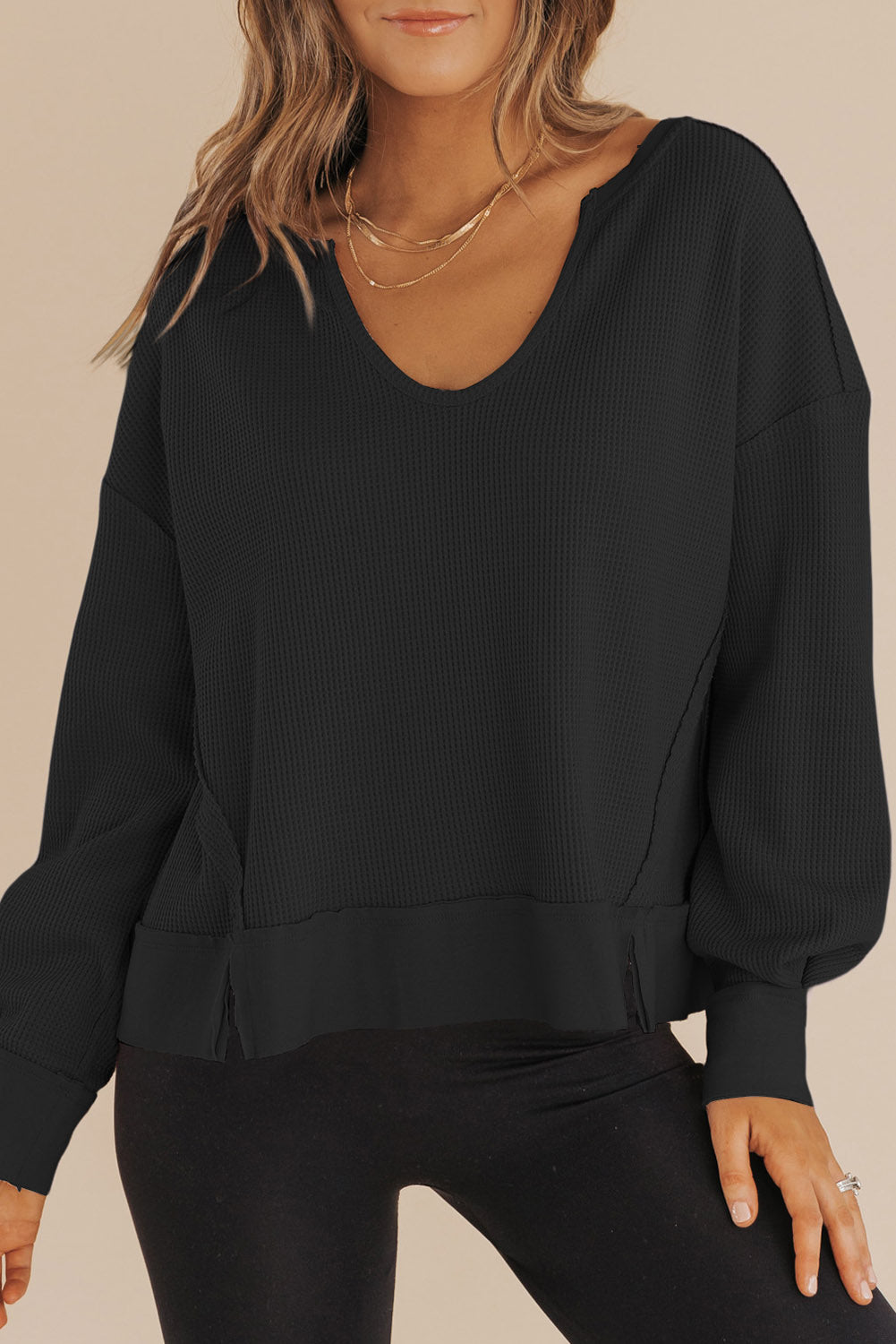 PRE-ORDER Casual Waffle Knit Black Sweatshirt