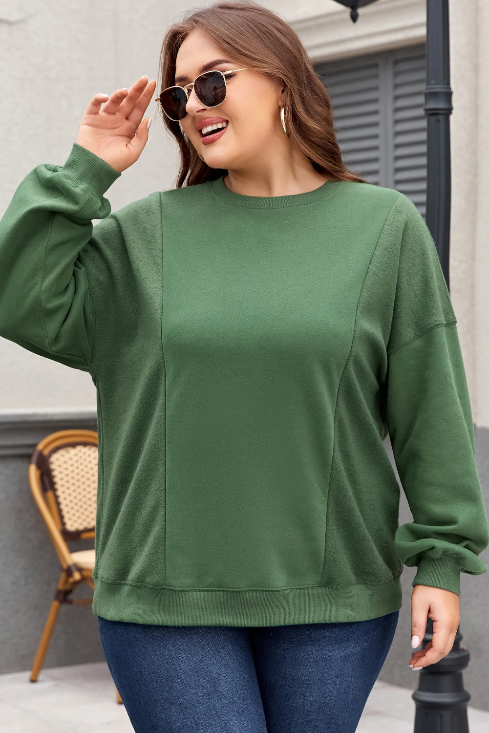 Dark Green Loose Patchwork Crewneck Plus Size Sweatshirt