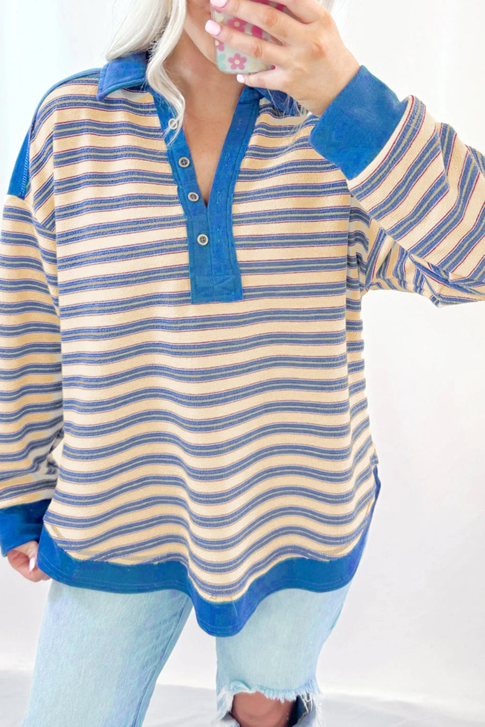 PRE-ORDER Blue Candy Stripe Buttoned V Neck Top