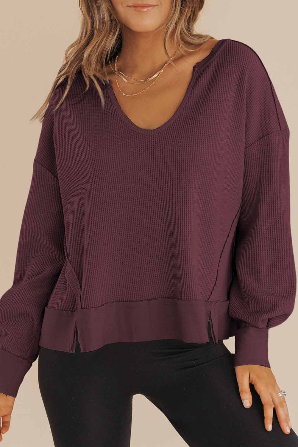 PRE-ORDER Casual Waffle Knit Maroon Sweatshirt