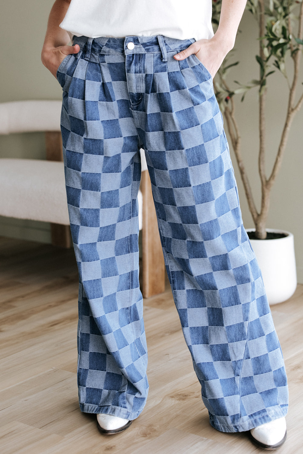 PRE-ORDER Blue Checkered Denim Wide Leg Jeans