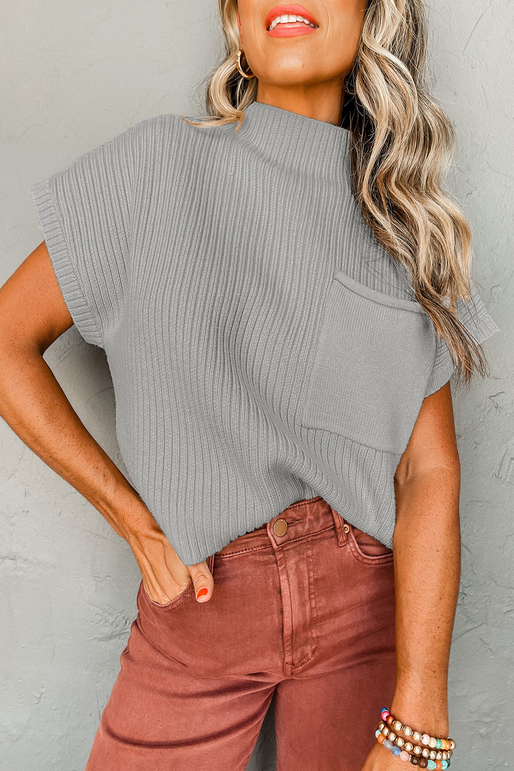 PRE-ORDER Gray Ribbed Short Sleeve Sweater