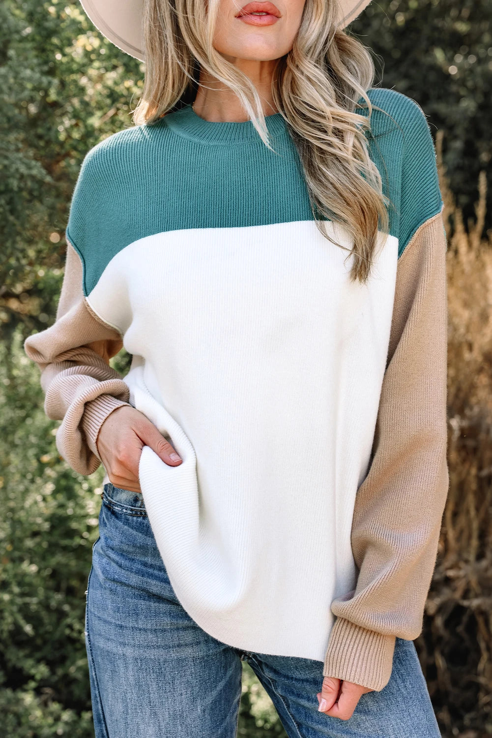 PRE-ORDER Green Color Block Ribbed Sweater