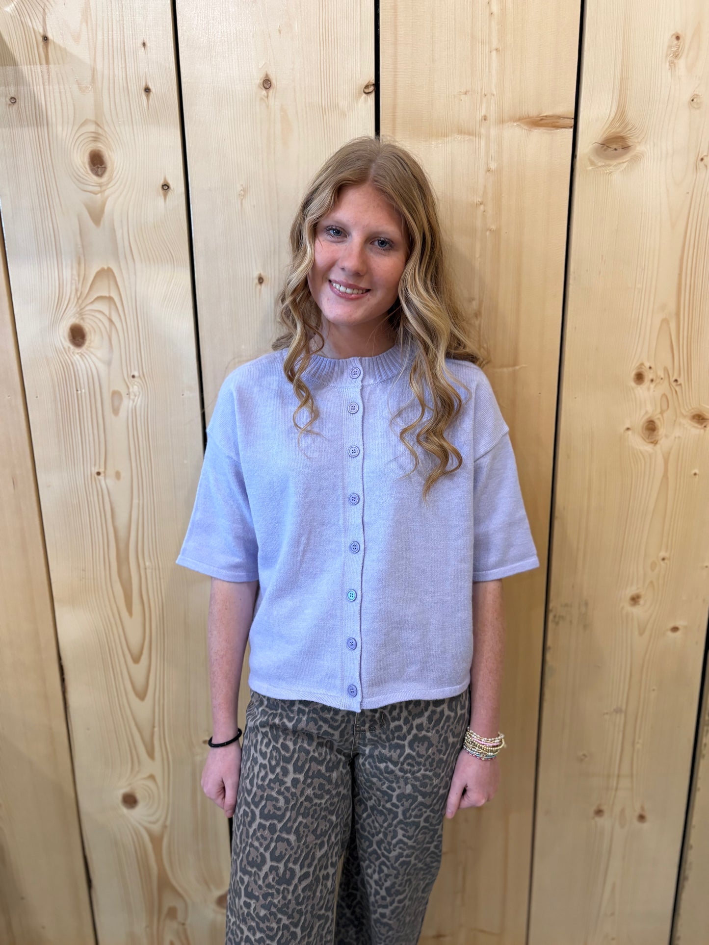 Lavender Button Up Short Sleeve Sweater