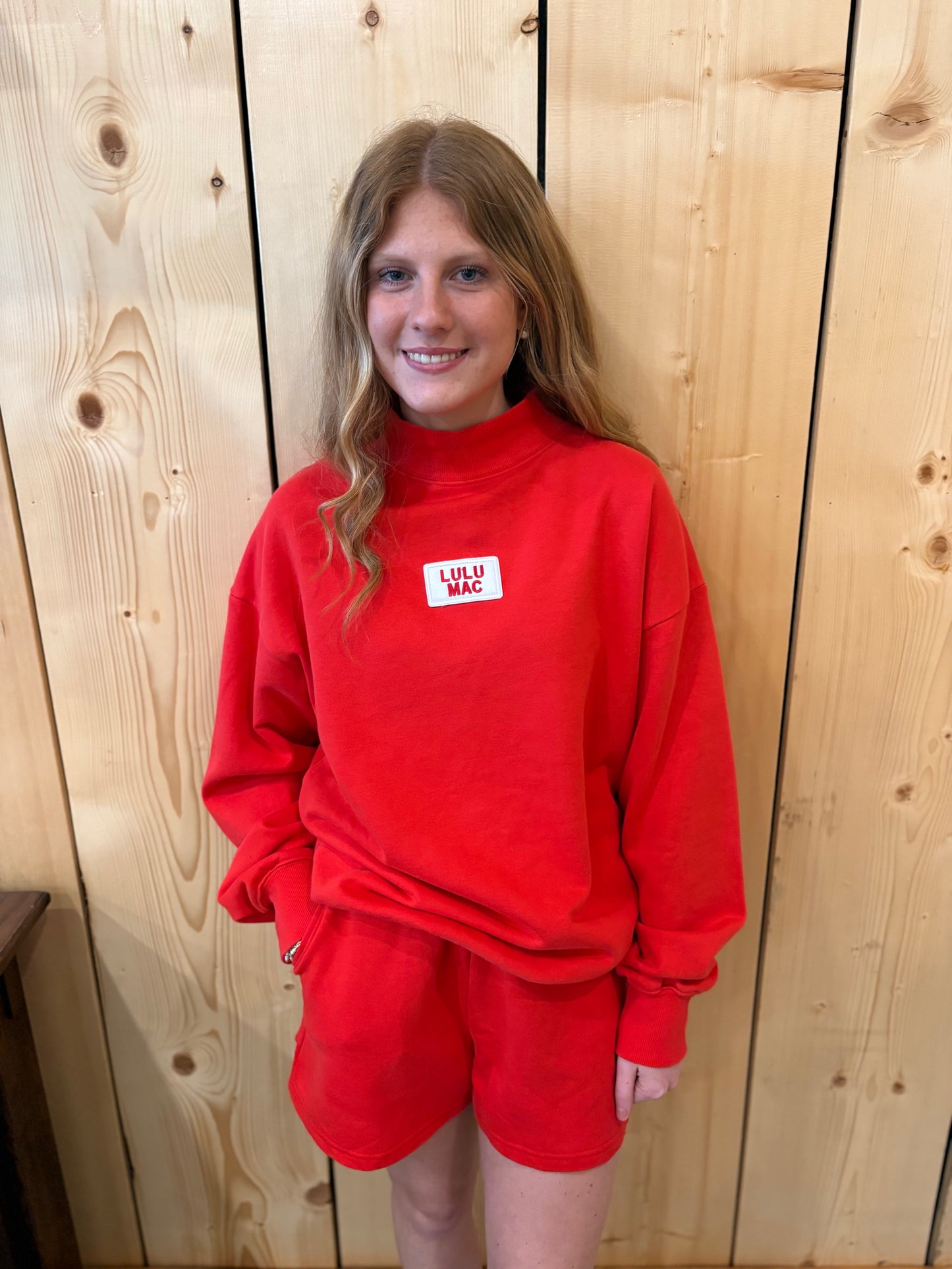 LULU MAC Red Terry Cloth Mock Neck Sweatshirt