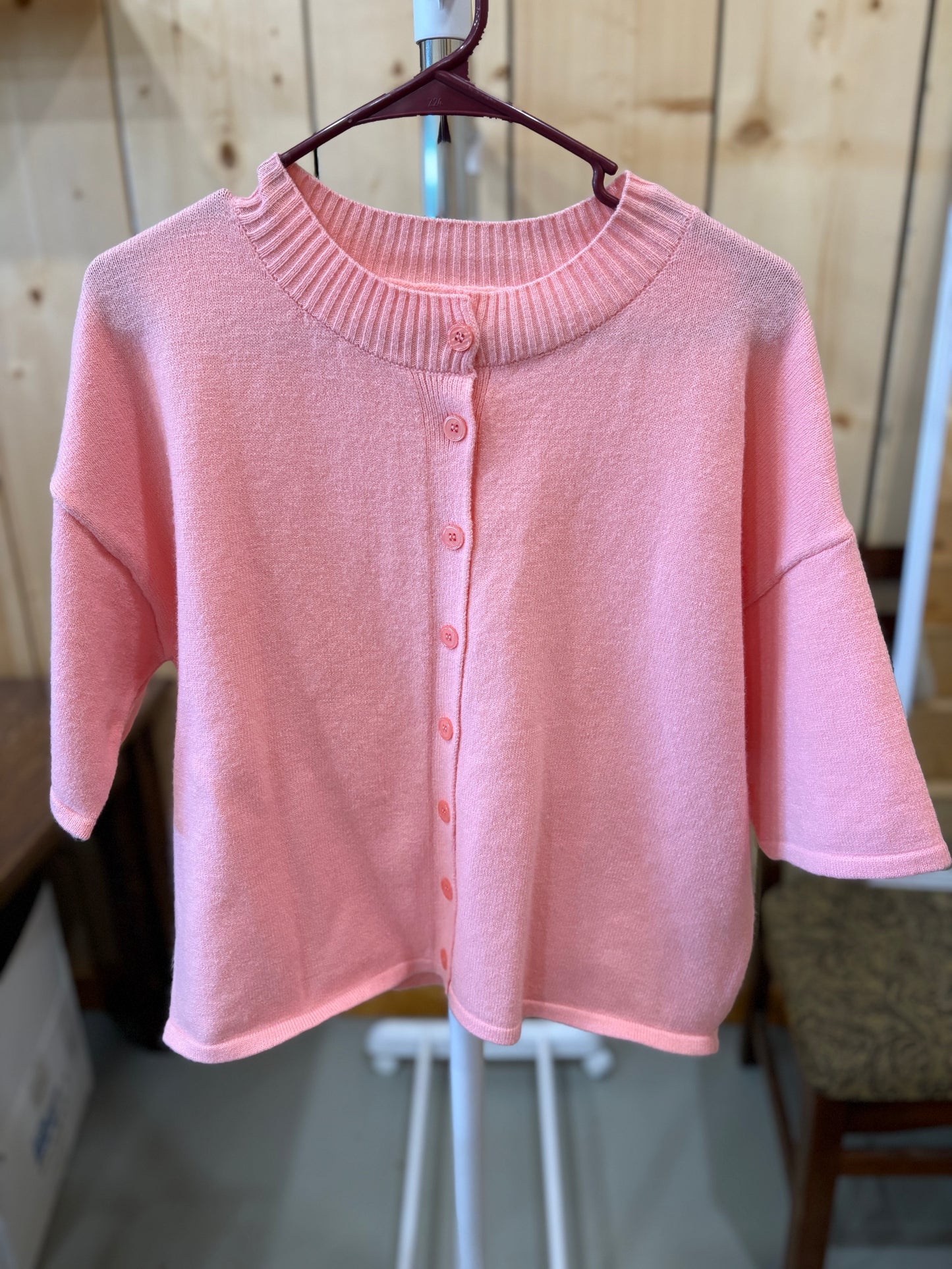 Pink Button Up Short Sleeve Sweater