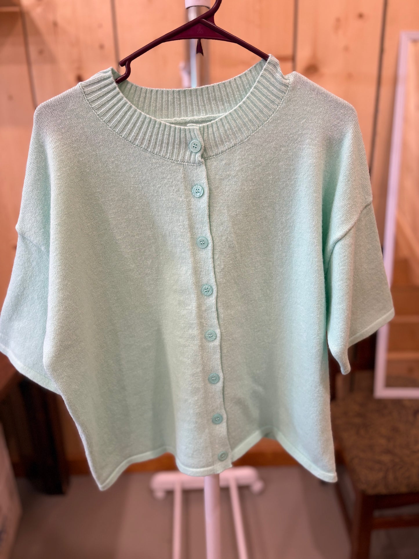 Mint Green Button Up Short Sleeve Sweater