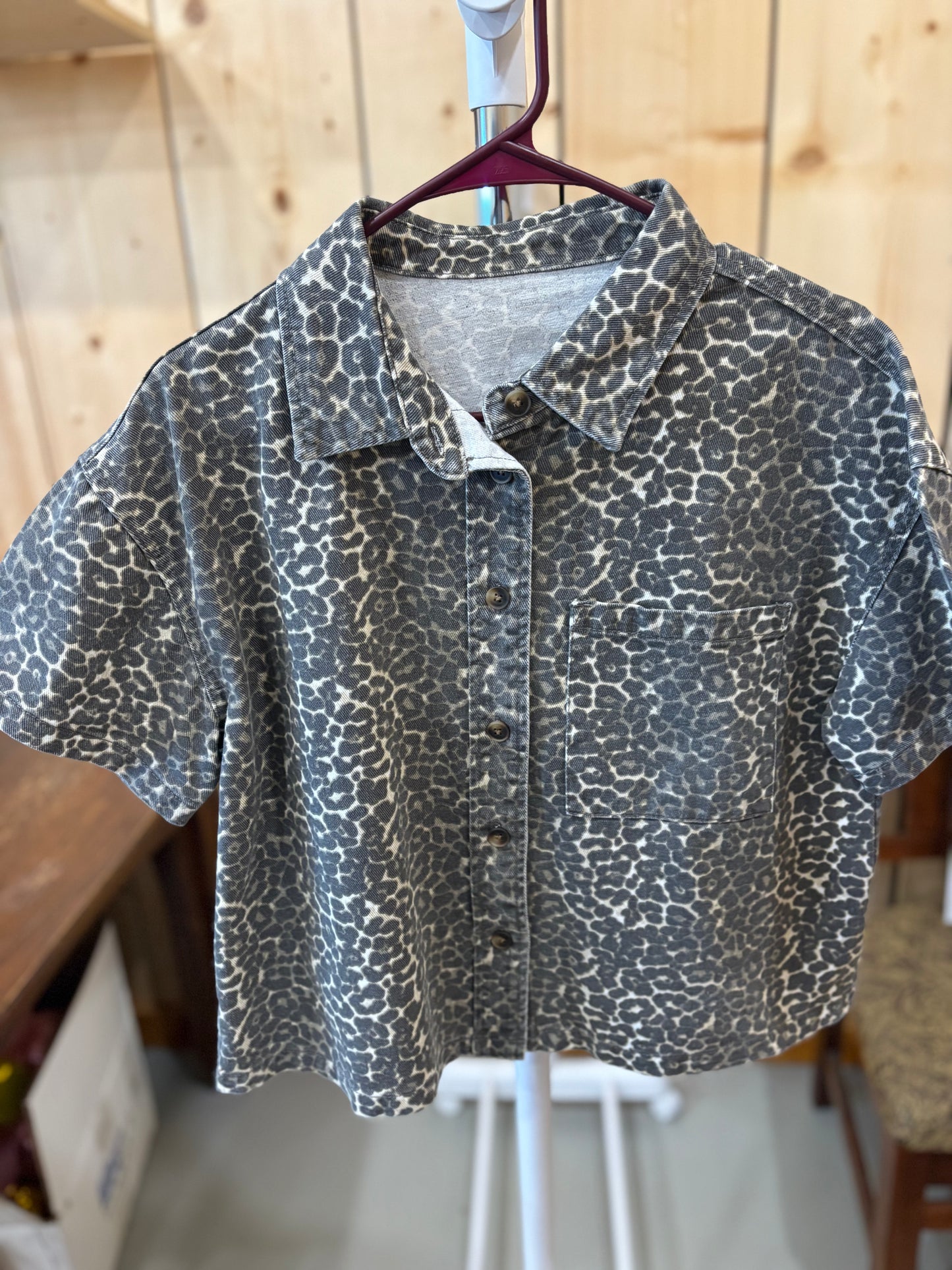 Leopard Denim Short Sleeve Top
