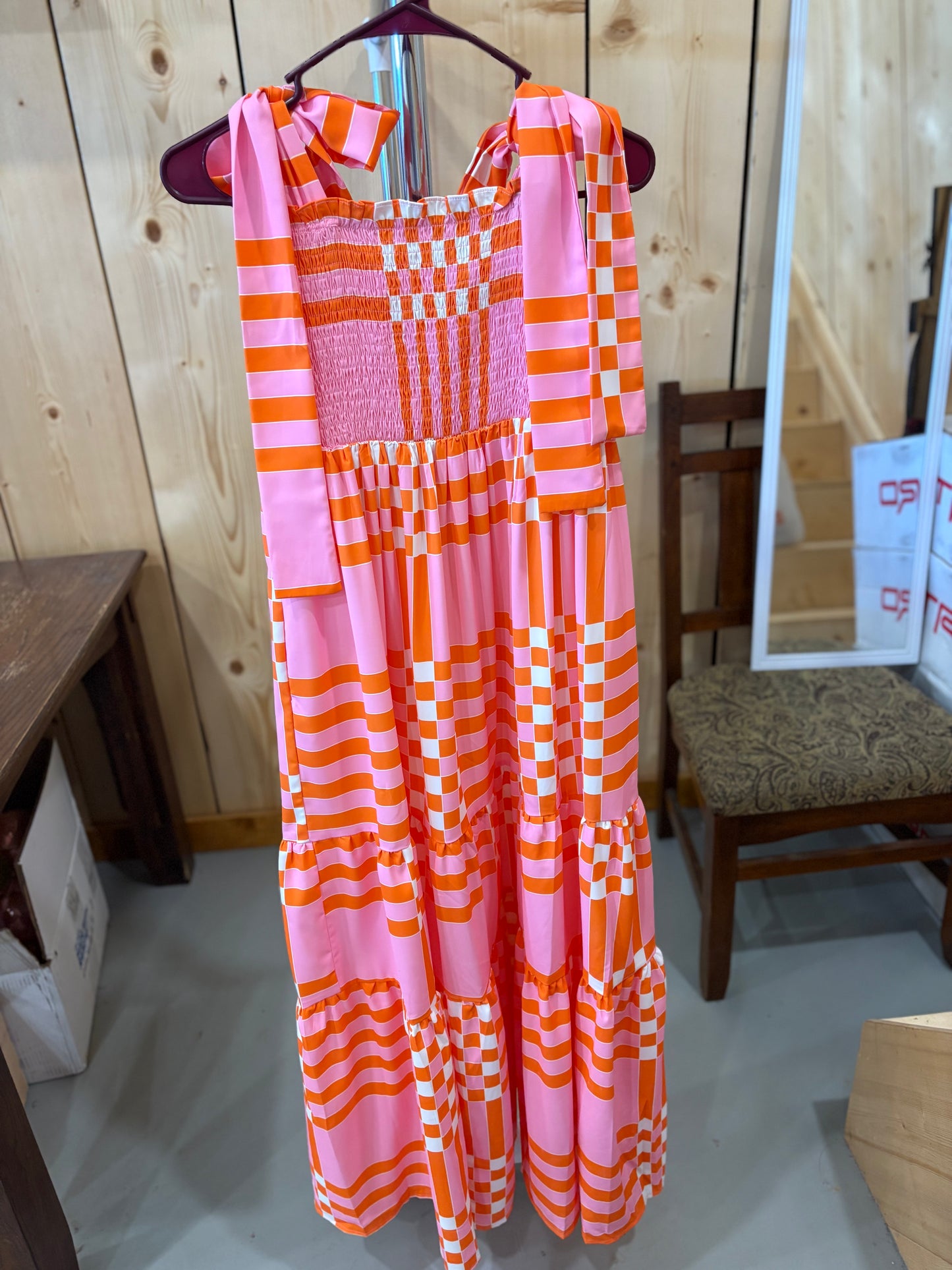 Pink Boho Orange Tie Straps Maxi Dress