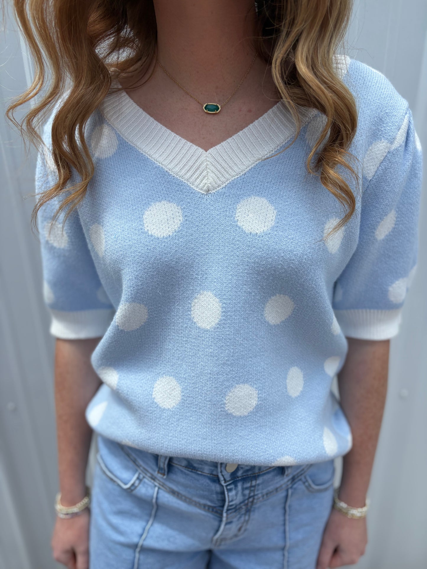 Blue Short Sleeve Polka Dot Sweater