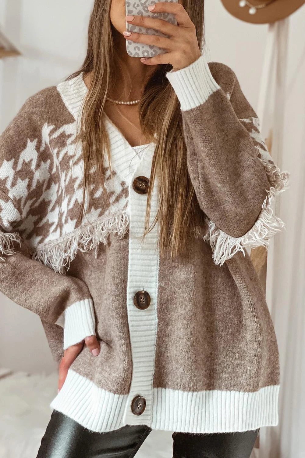 PRE-ORDER Khaki Houndstooth Cardigan