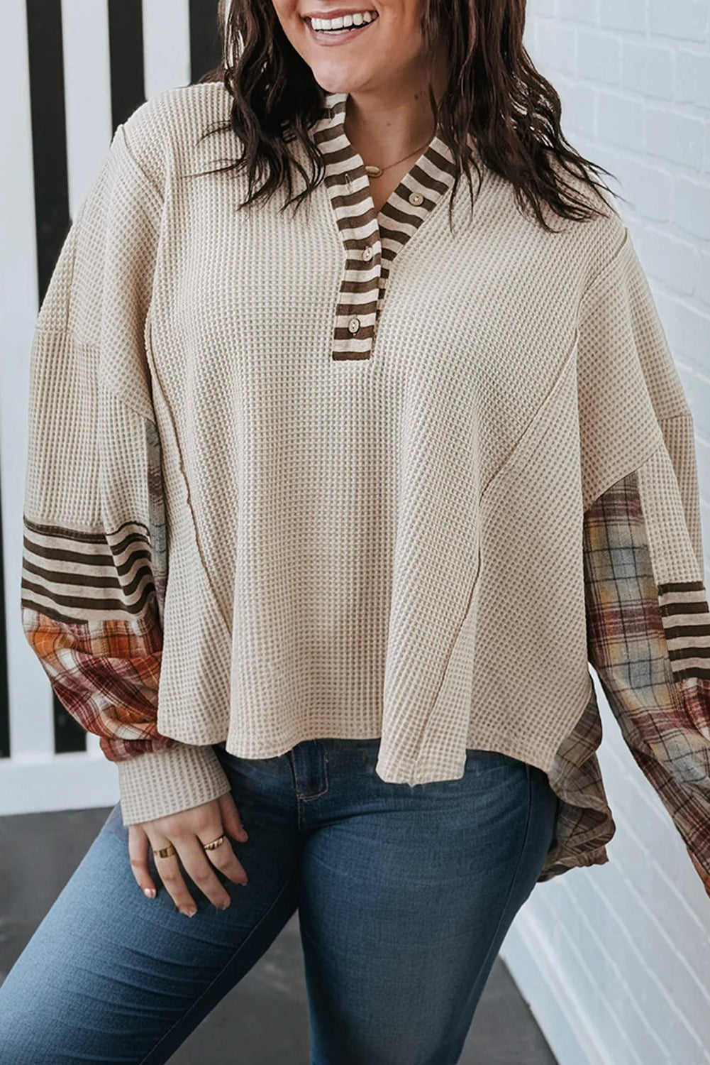 PRE-ORDER Plus Size Waffle Striped Plaid Top