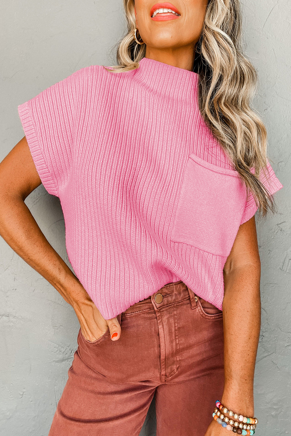 PRE-ORDER Pink Ribbed Short Sleeve Sweater