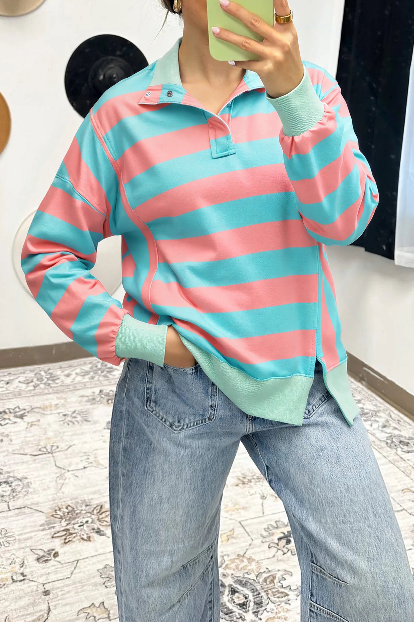 Pink/Green Colorblock Stripe Pullover