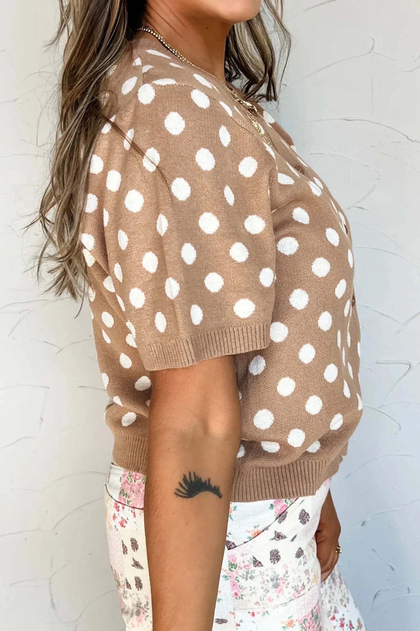 Dark Khaki Polka Dot Button Down Short Sleeve Sweater