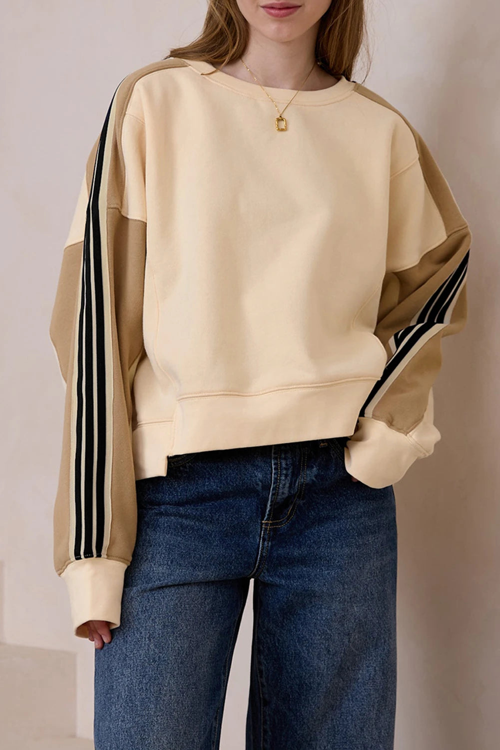 Beige Striped Loose Sweatshirt