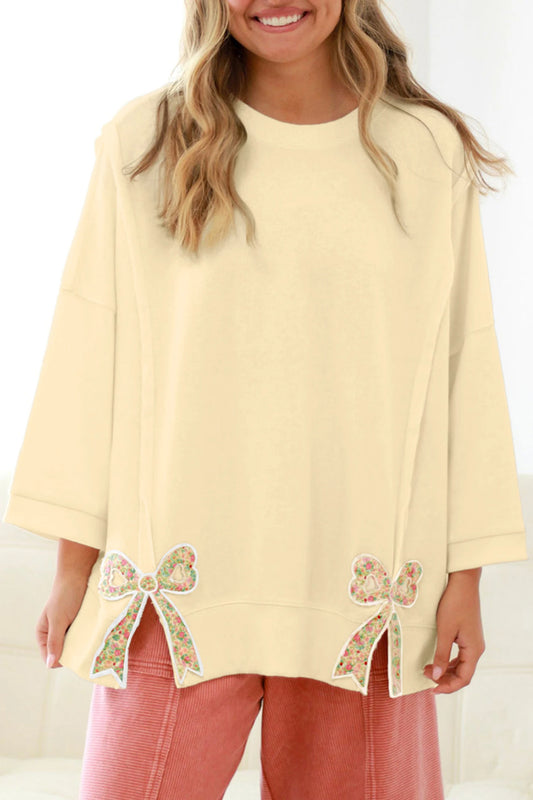 PRE-ORDER Beige Plus Size Floral Bow  Baggy Pullover