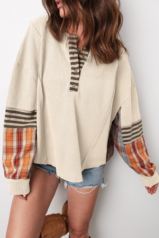 PRE-ORDER Beige Waffle Stripe Plaid Top