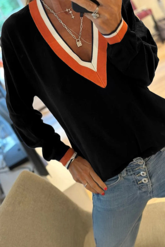 PRE-ORDER Black Striped Trim Varsity Sweater