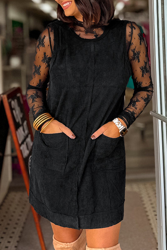 PRE-ORDER Black Corduroy Sleeveless Mini Dress with Pockets
