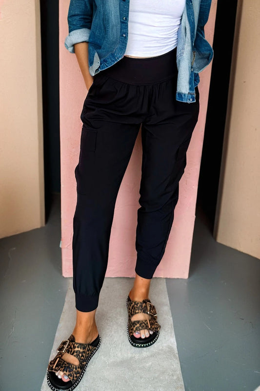 PRE-ORDER Black Elastic High Waist Cargo Joggers