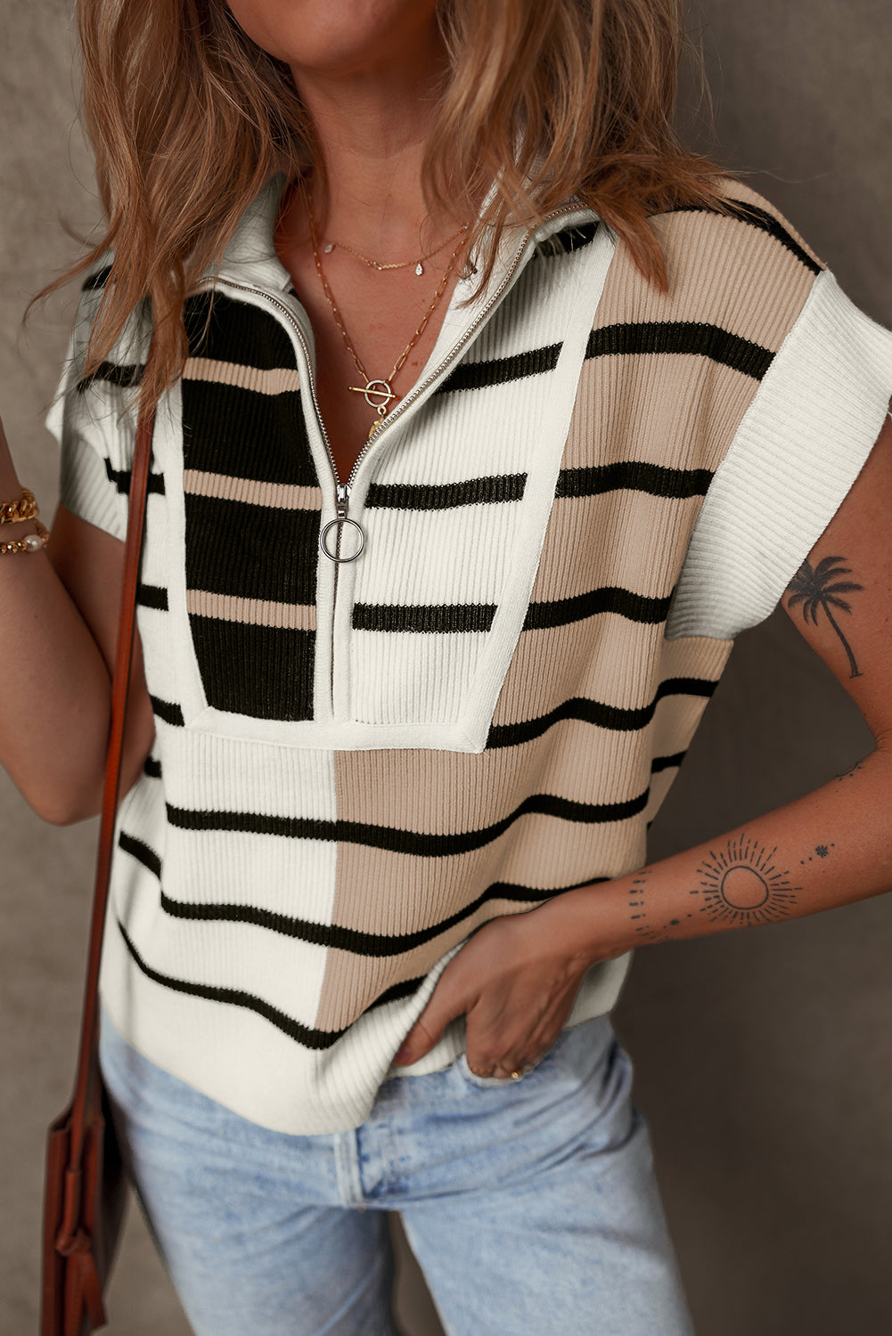 PRE-ORDER Black Stripe Colorblock Quarter Zip Collar Sweater Top