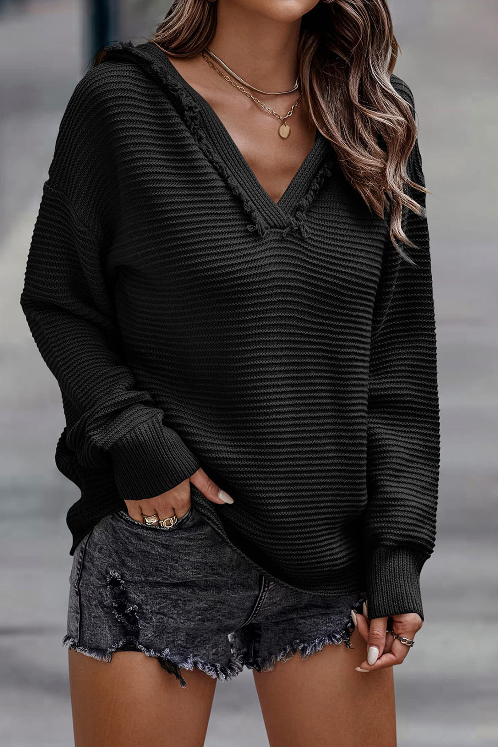 PRE-ORDER Black V Neck Ribbed Hooded Sweater