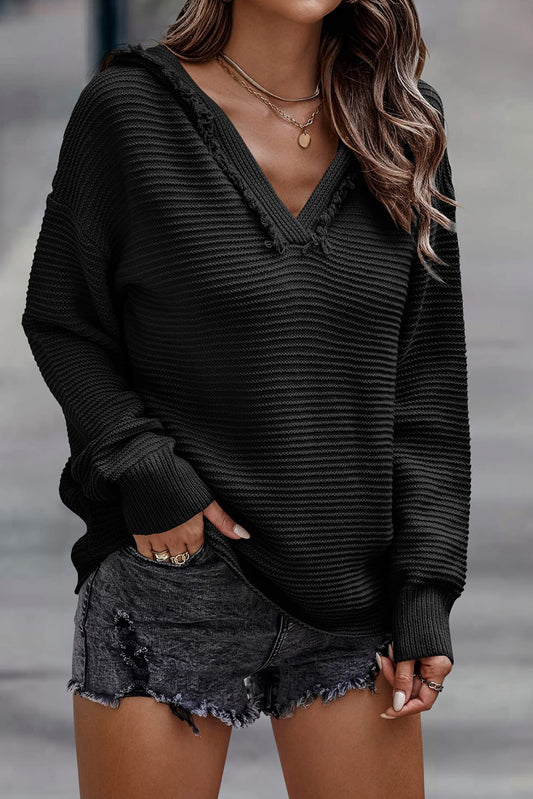 PRE-ORDER Black V Neck Ribbed Hooded Sweater