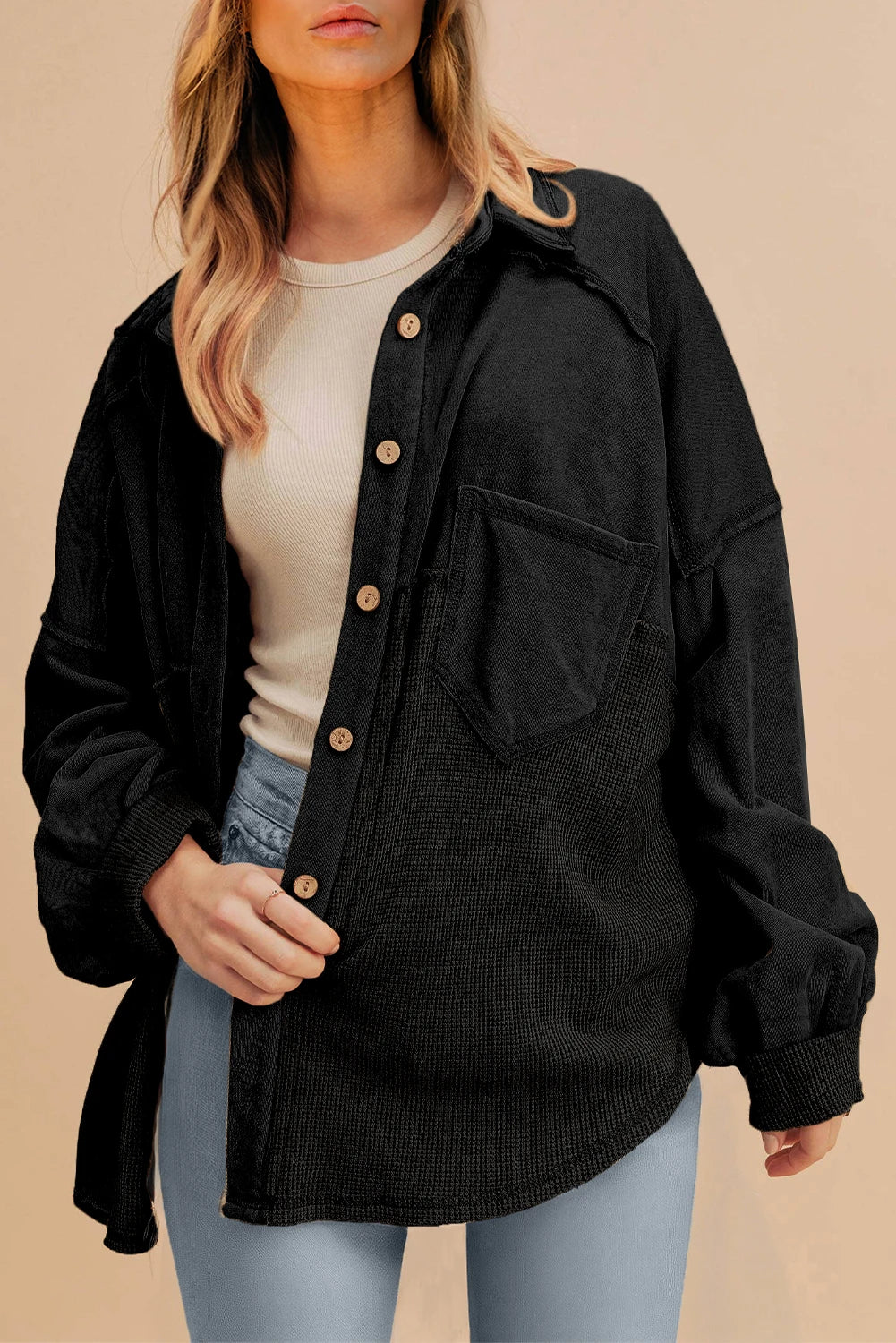 PRE-ORDER Black Waffle Knit Shacket