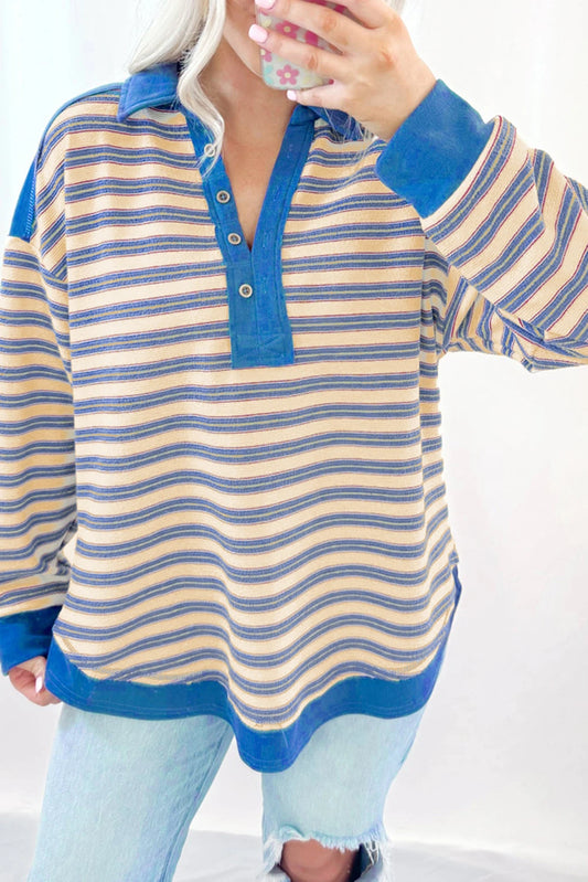 PRE-ORDER Blue Candy Stripe Buttoned V Neck Top