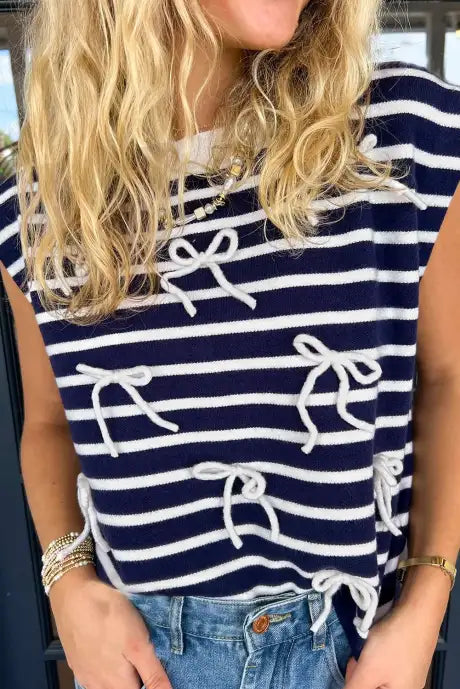 PRE-ORDER Blue Stripped Knitted Bow Sweater Top