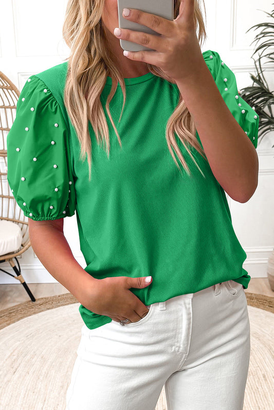 PRE-ORDER Green Ribbed Pearl Puff Sleeve Top
