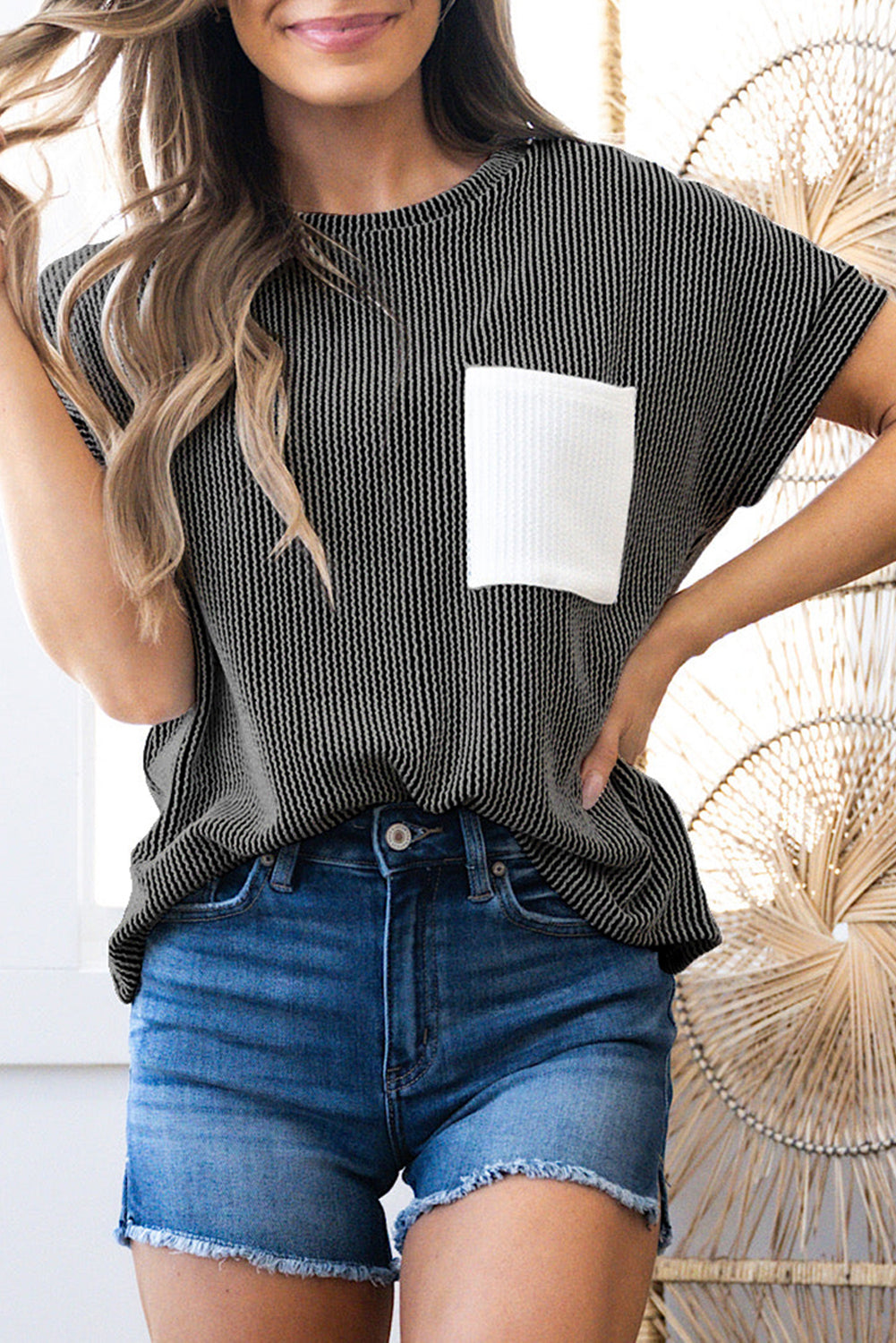 PRE-ORDER Black Textured Corded Knit Color Block Pocketed Shirt