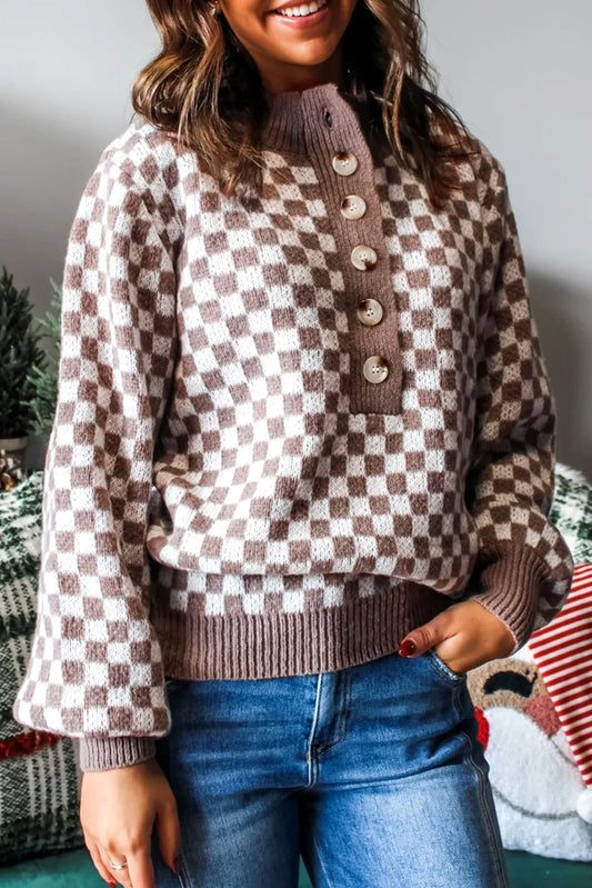Brown Half Button Checkerboard Sweater