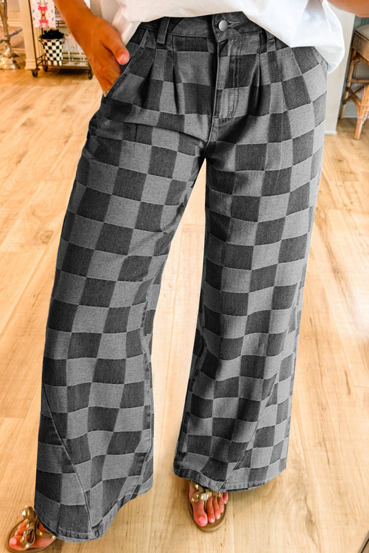 PRE-ORDER Gray Checkered Wide Leg Jeans