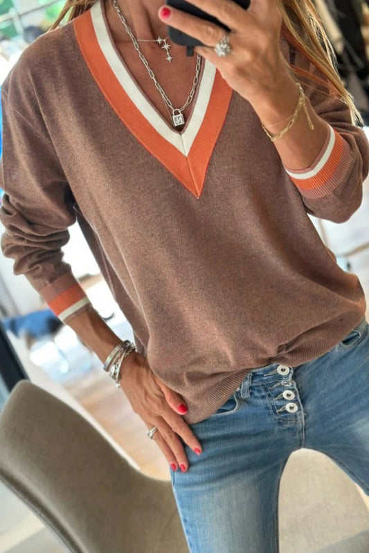 PRE-ORDER Dark Khaki Striped Trim Varsity Sweater