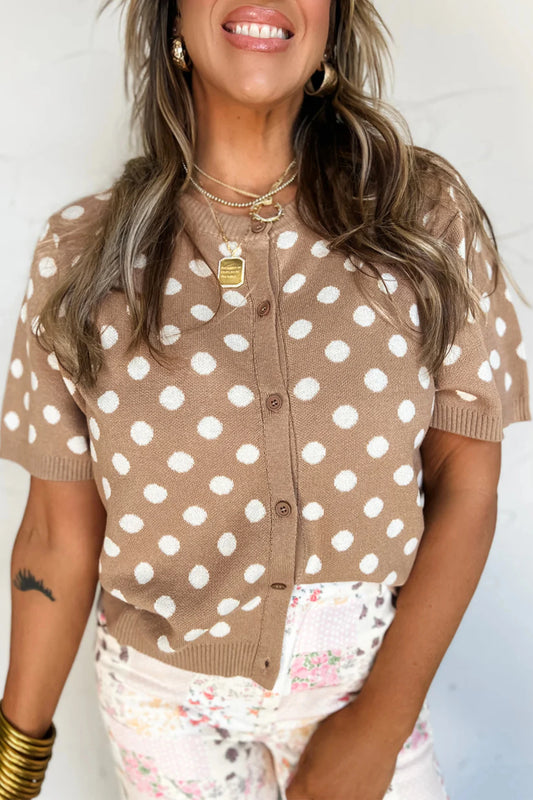 Dark Khaki Polka Dot Button Down Short Sleeve Sweater