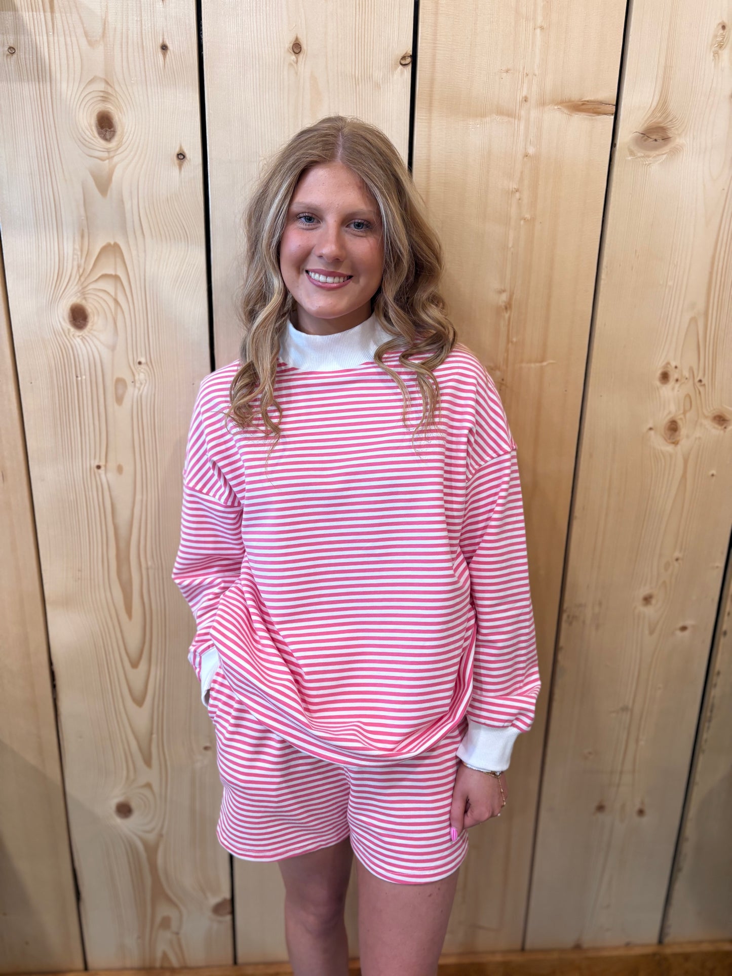 Pink Stripe Mock Neck Shorts Set