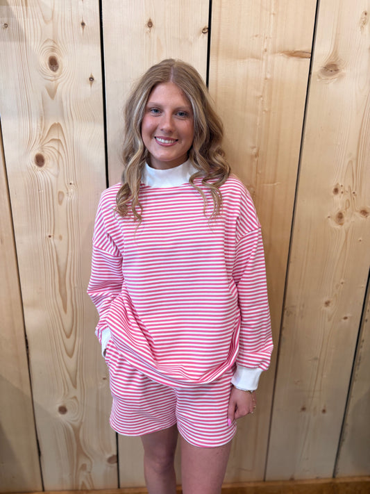 Pink Stripe Mock Neck Shorts Set