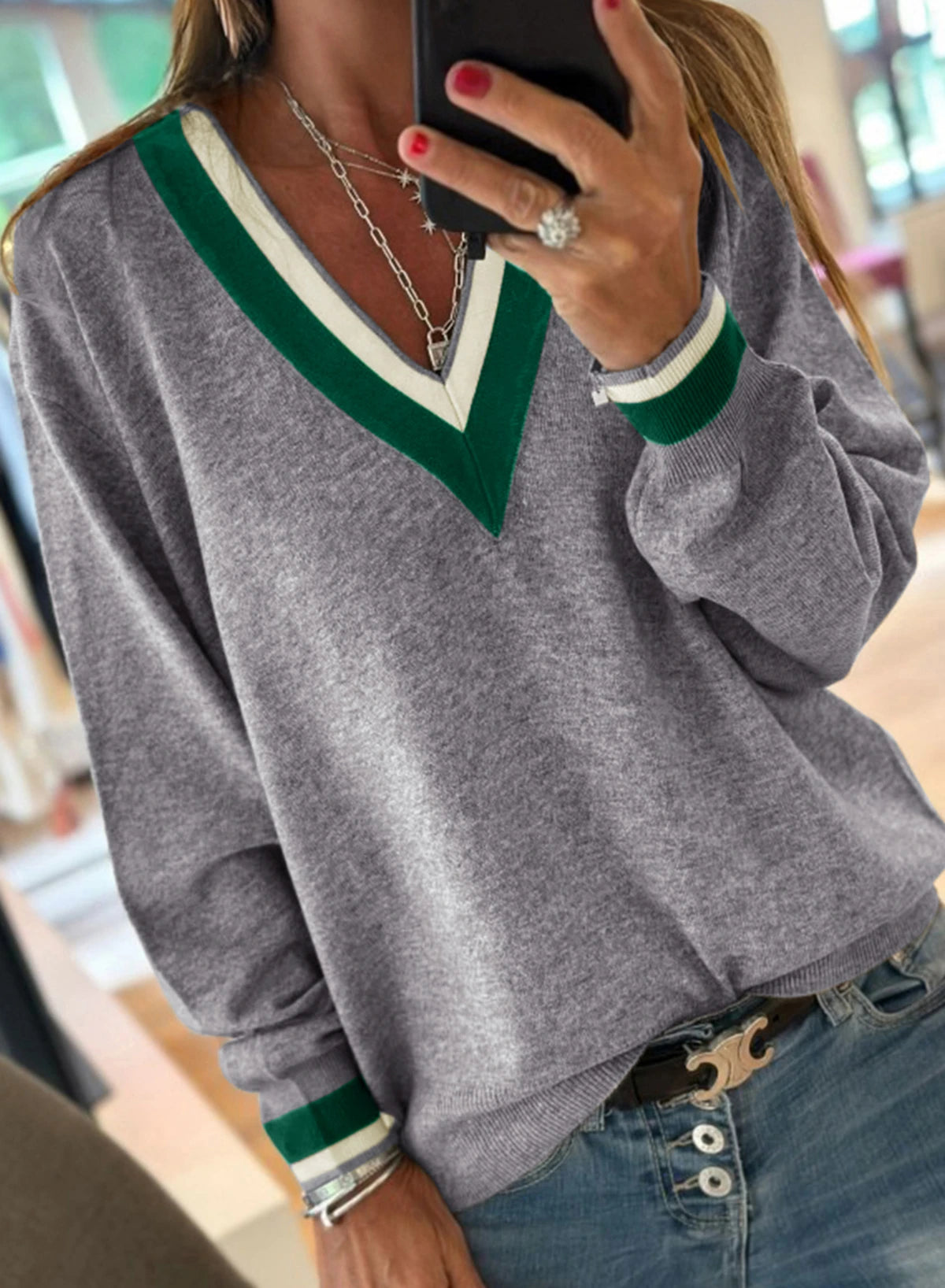 PRE-ORDER Gray Striped Trim Varsity Sweater