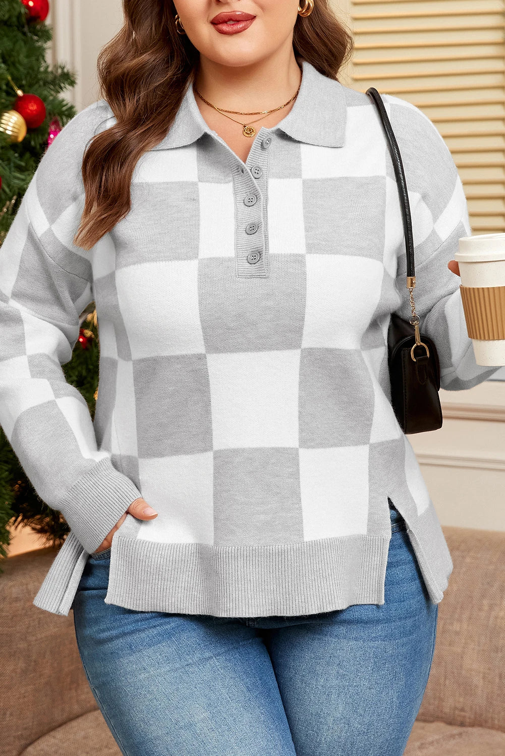 PRE-ORDER Gray Plus Size Checkered Sweater