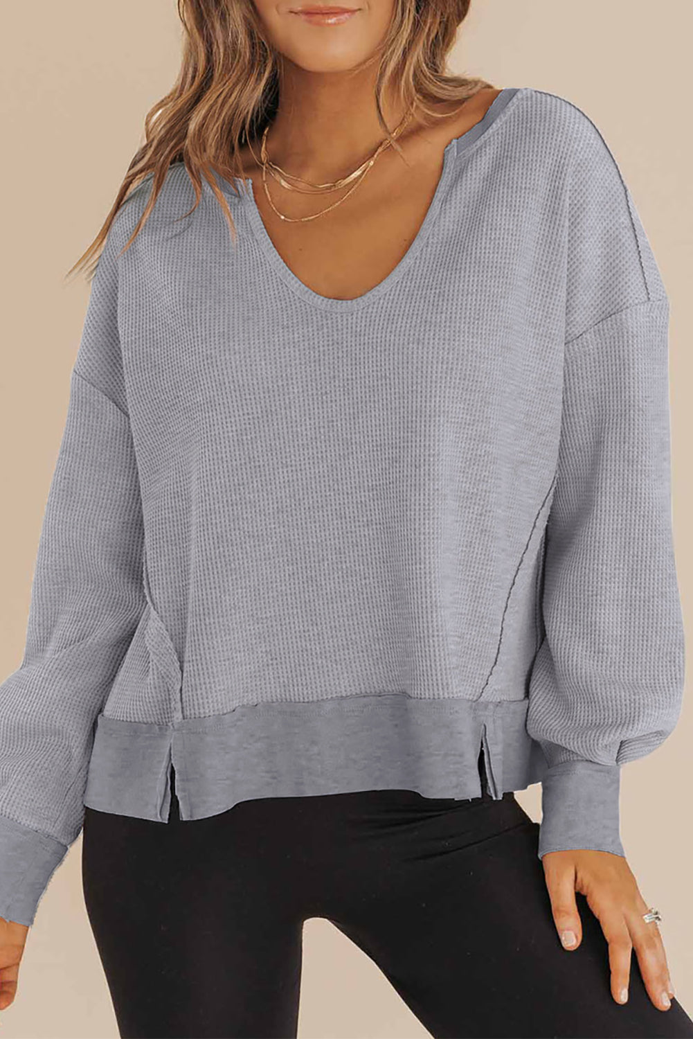 PRE-ORDER Casual Waffle Knit Gray Sweatshirt