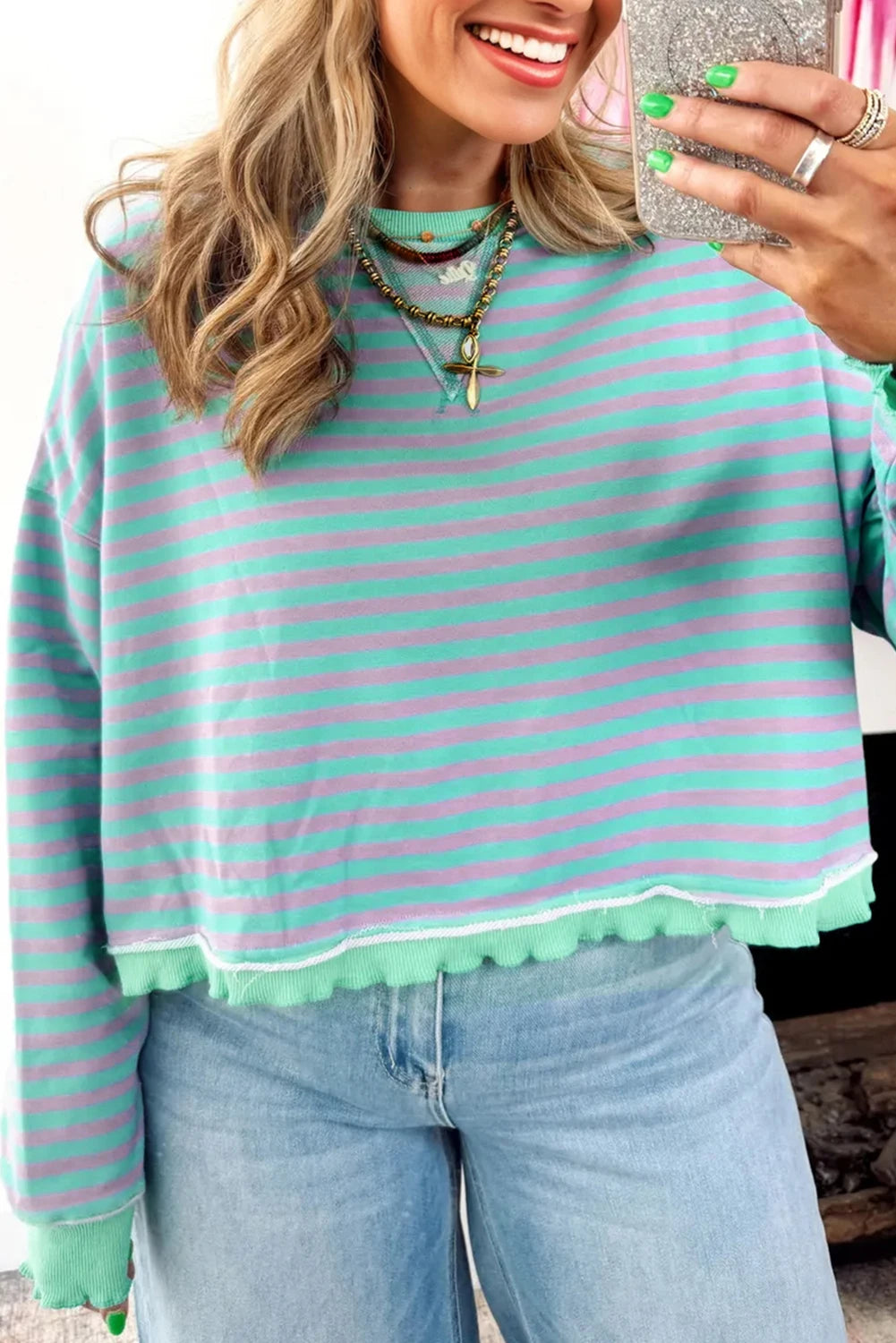 PRE-ORDER Green Stripe Oversize Cropped Sweatshirt