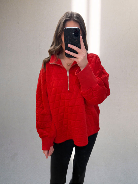 Red Quilted Half Zip Pullover