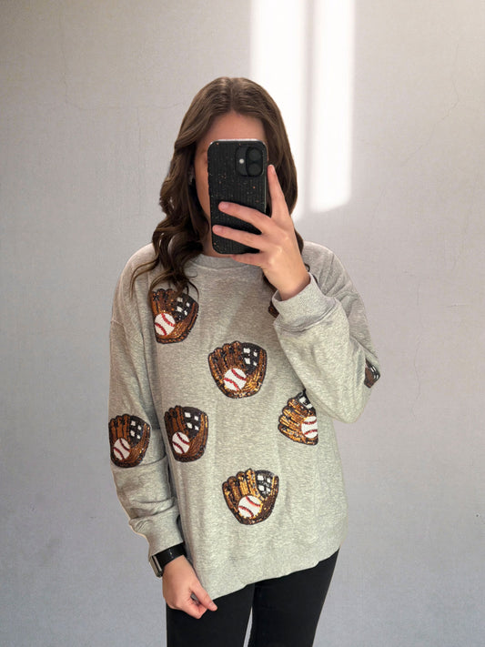Gray Sequin Baseball Pullover