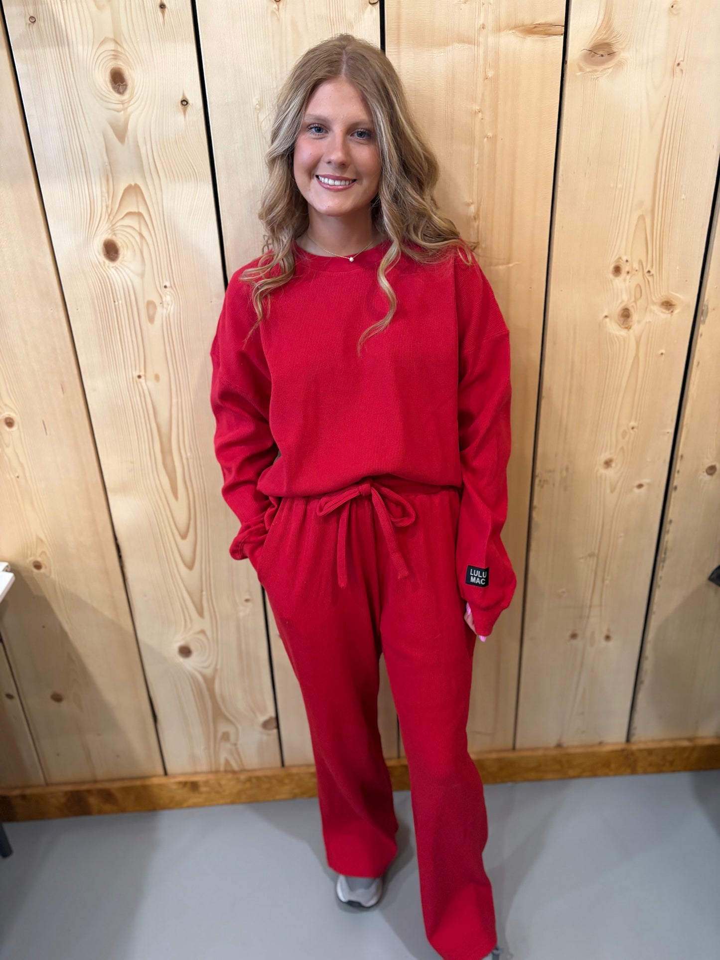 LULU MAC Waffle Pop Red Long Sleeve Top