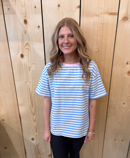 Sky Blue Stripe Short Sleeve Top