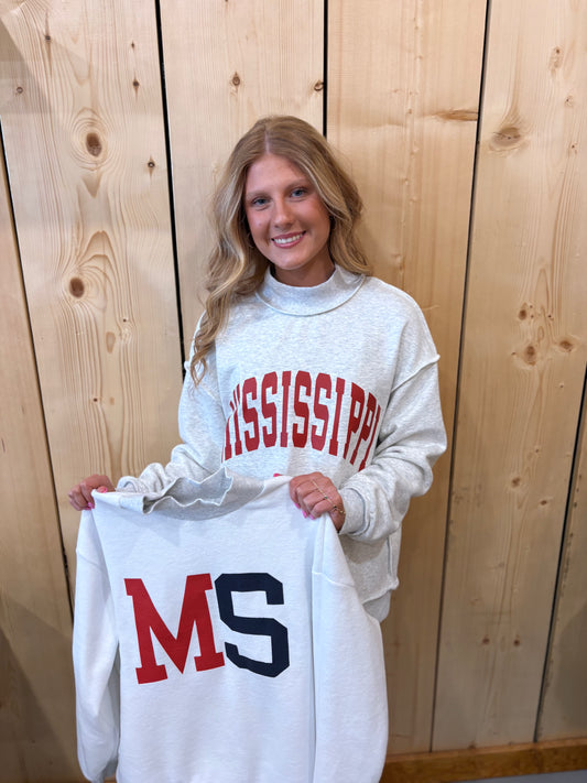 MS/Mississippi Reversible Light Grey Mock Neck Sweatshirt